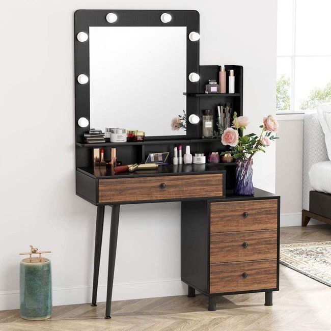 Tribesigns Makeup Vanity Table with Lighted Mirror, Vintage Makeup Dressing Table with Large Drawer and 3-Drawer Chest