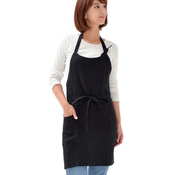 fabrizm 1582-bk Short Length Work Apron, Made in Japan, Soft Linen, Black