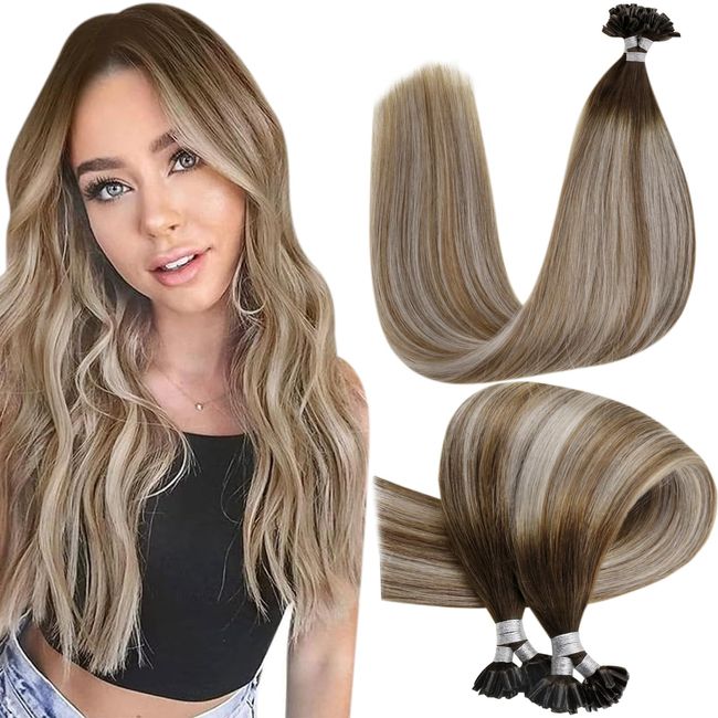 Blond Bondings Extensions Echthaar Balayage Keratin Bonding Echthaar Extensions Remy Bondings Haarverlangerung Dunkelbraun Mix Aschbraun und Mittelblond #3/8/22 55cm 50g