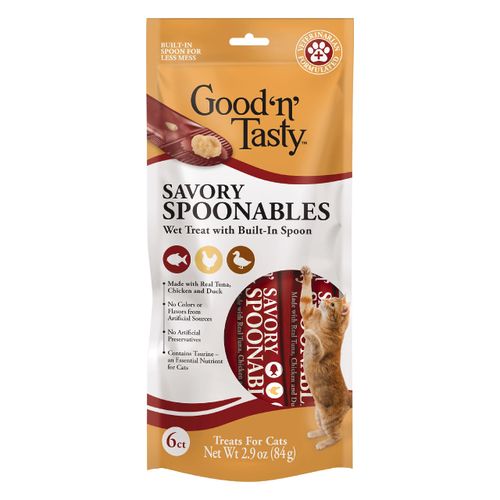 Good ‘n’ Tasty Savory Spoonables with Real Tuna, Chicken & Duck, 6 Count Tube, Triple Flavor Squeezable Lickable Wet Treats for Cats with Built-in Spoon for Less Mess