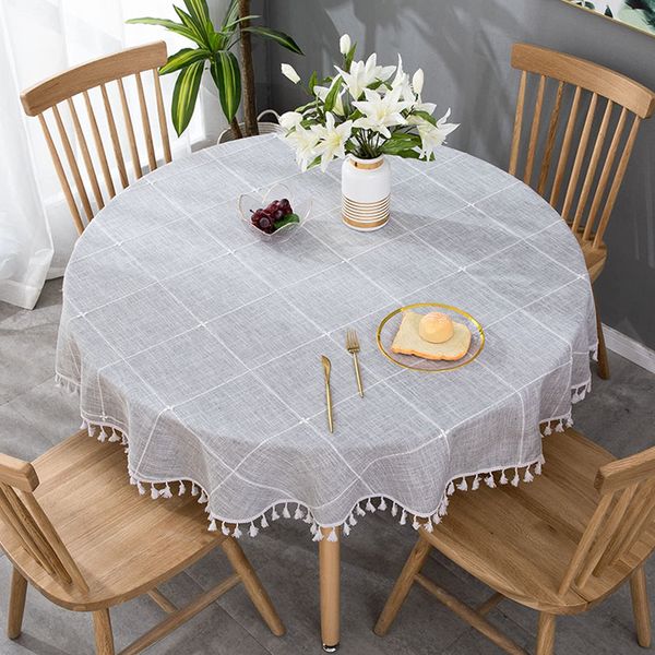 VIVILINEN Round Table Cloth Cotton Linen Wrinkle Free Tablecloths Plaids Tassel Washable Table Cover for Kitchen Home Dinning Grey 140cm Diameter