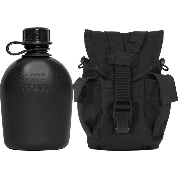 Army Universe Black Genuine GI 1 Quart Plastic Canteen & Black MOLLE II Canteen Cover & Utility Pouch