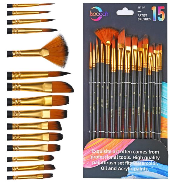 Acrylic Paint Brushes Set 15 Pieces, Nylon Bristle Paintbrushes for Acrylic Painting, Oil and Watercolor Brushes for Body Face Rock Canvas Miniatures, Arts Crafts and Painting Supplies Gifts Artists