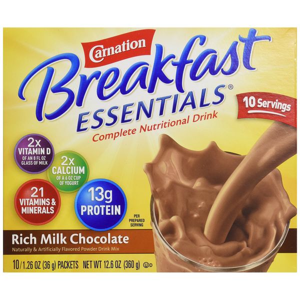 Carnation Breakfast Essentials Powder Drink Mix, Rich Milk Chocolate, 10 Count Box of Packets (Packaging May Vary)