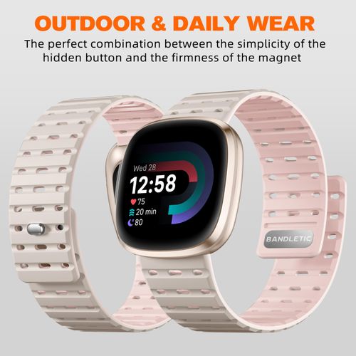 Bandletic Waterproof Band Compatible with Fitbit Versa 3/Versa 4/Sense/Sense 2 Bands, Magnetic Watchband Soft Sports Strap Replacement Wristbands for Women Men, Starlight Pink