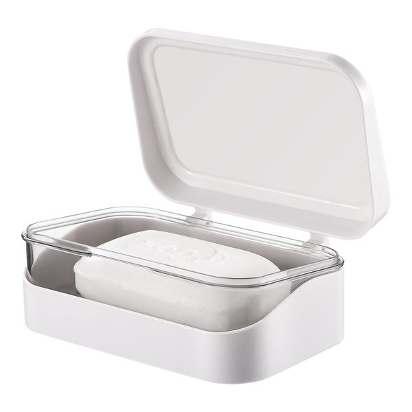 Soap Box with Removable Drainer and Lid, Portable Soap Case Holder, 2 Layers Rectangular Soap Dish Container for Bathroom, Shower, Home, Gym (White)