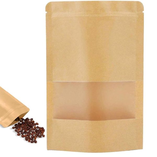 Kraft Paper Zipper Bags with Window, 50 Pieces, Freestanding Chuck, Interface, Aluminum Foil, Resealable, Divided Bag, Sealed Pouch, Moisture Proof, Waterproof, Square Bottom Bag, For Kitchen Storage,