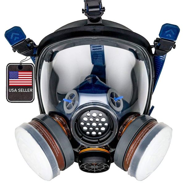 PD-100 Full Face Organic Vapor & Particulate Respirator - Dual Activated Charcoal Filtration - Full Face Eye Protection Mask