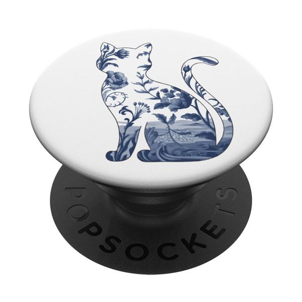 Floral Cat Silhouette | Blue White Pattern - Elegant PopSockets Adhesive PopGrip