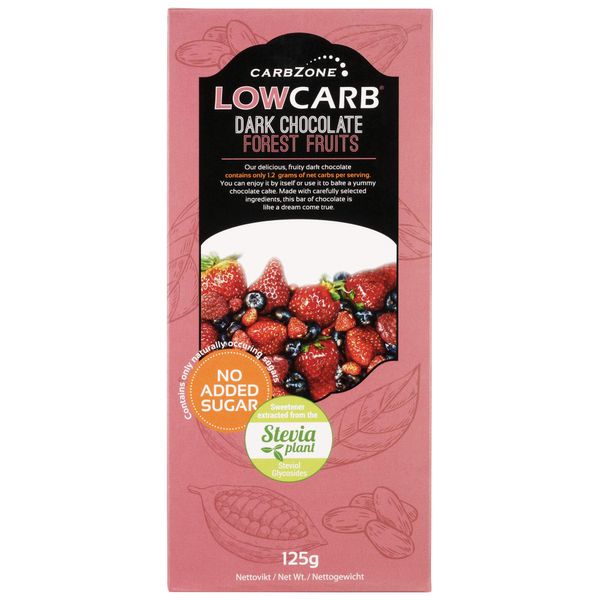 CarbZone Low Carb Dark Chocolate Forest Fruits, No Added Sugar, Natural Sweetners, Cocoa Powder, Mixed Berries, 125 Grams, Pack of 5