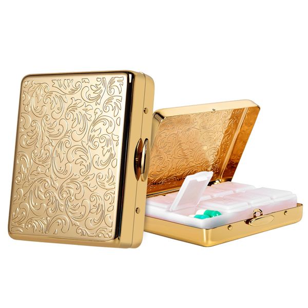 Pill Organizer 7 Days 8 Compartments, Travel Metal Pill Box, BPA-Free Portable Pill Box (Gold, Median)