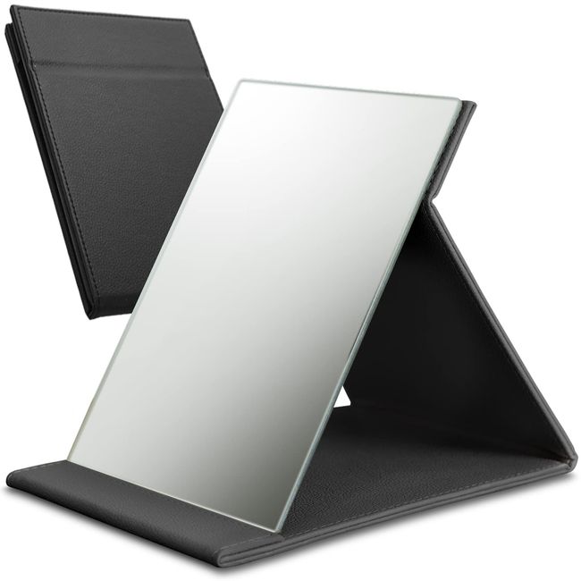 ICHIFUJI Stand Mirror, Tabletop Mirror, Cosmetic Mirror, Free Angle Adjustment, Foldable, (LL, Black)