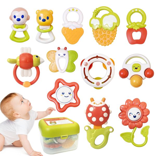 Cuterabit 12PCS Baby Rattles Toys Set with Storage Case, Teething Toys for Babies, Newborn Christmas Gift for Baby Infant Boys and Girls 0 1 2 3 4 5 6 7 8 9 10 11 12 Months