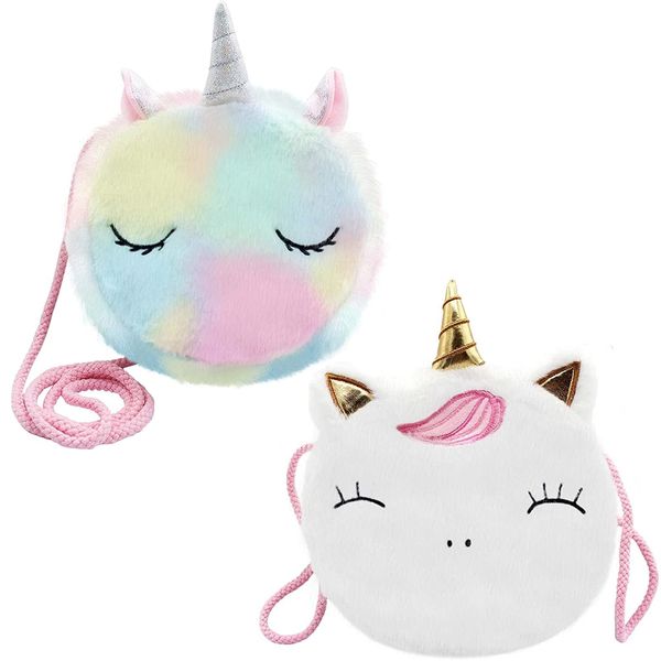 Wieat 2 Pcs Furry Unicorn Shoulder Bag Girls, Cute Round Rainbow/White Handbags Wallet Bag Crossbody Purse for Keys Cards Fluffy Unicorn Bag Adorable Princess Gift for Toddler Kids Teens Girls