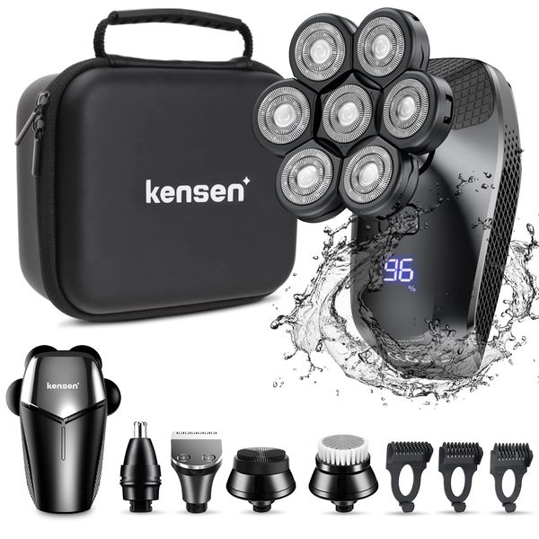 kensen 7D Head Shaver, 5 in 1 Bald Head Shavers for Men, Head Electric Razor with Nose Hair Sideburns Trimmer, Waterproof Wet/Dry Mens Grooming Kit, LED Display, USB Rechargeable, Gifts Travel Case