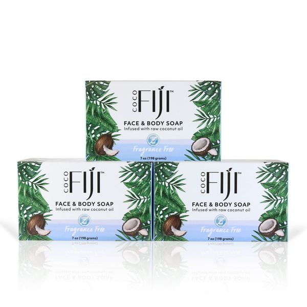 "Coco Fiji Soap Bar for Face and Body Infused With Organic Coconut Oil, Fragrance Free, Essential Oil, Natural Soap for Moisturizing & Pore Purifying Skin, 7 oz, Pack Of 3 "