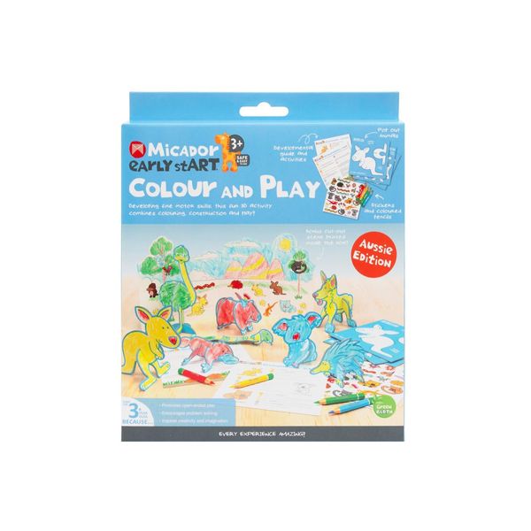 Micador Early Start Color & Play 6-Piece Set - Aussie - Color + Construct 8 Animals - Pop-Out Cards + Activities + Color Pencils + Stickers - Ages 3+