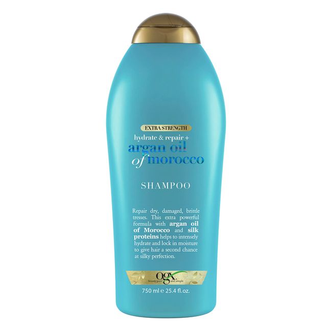 OGX Extra Strength Hydrate & Repair + Argan Oil of Morocco Shampoo for Dry, Damaged Hair, Cold-Pressed Argan Oil to Moisturize & Smooth, Paraben-Free, Sulfate-Free Surfactants, 25.4 Fl Oz