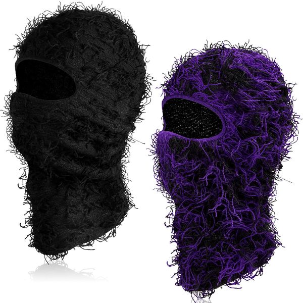 Newcotte 2 Pack Kids Adult Distressed Balaclava Ski Mask Full Face Knitted Balaclava Windproof Cool Ski Mask for Cold Weather (Black, Black Purple,Large)