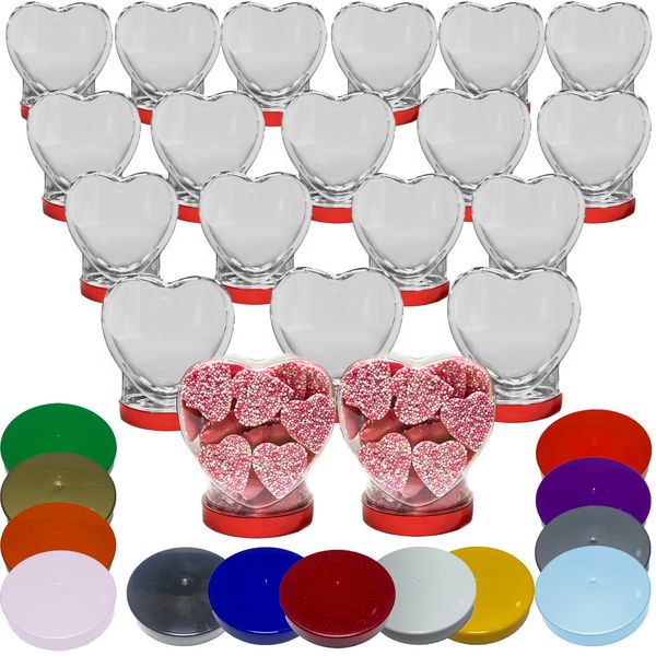 Truly Sweet Candy Heart Shaped Plastic Sweet Jars 20 x 500ml Reusable Storage Jars with Screw Top Cap in 13 colours (Pink/Red Glitter Lids)