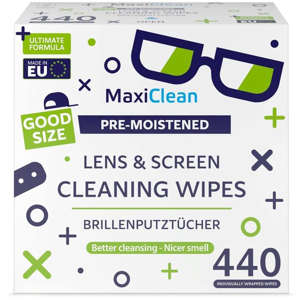 MAXI CLEAN 440 Pack Lens Wipes for Eyeglasses Pre-Moistened, Individually Wrapped Streak-Free Cleaning for Glasses & Laptop Screens, Eye Glass Cleaner Wipe Bulk 5.5 x 4.7 Inch, Sunglasses & Phone Wipe