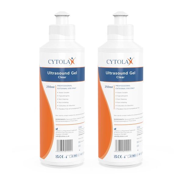 2X 250ml Cytolax Ultrasound Gel, Thick Clear | Conductive High Viscosity Clear Transmission Gel | Doppler Machine | Hypoallergenic Non Irritating Non Staining, UKCA CE Certified