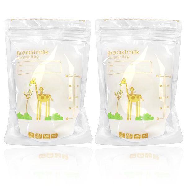 50Pcs Breast Milk Storage Bags,150ml BPA Free No-Leak Milk Storage Bags Quick Freeze and Thaw for Breastfeeding Giraffe Breast Milk Bags Self-Standing or Flat Pre-sterilised Storage Pouches