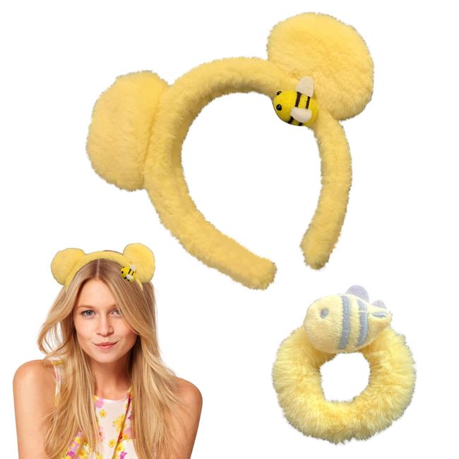 Yellow Plush Bear Ears Headband and Hair Ties - Winnie The Pooh Ears Headband Adult - Bear Headband Fashion Headbands for Women - Ponytail Holders Cute Costume Accessories for Kids and Adults