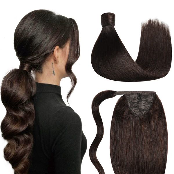 SUYYA Human Hair Ponytail Wrap Around Clip in Hair Piece Ponytail Extension Human Hair Straight Ponytail Hair Extensions with Magic Paste 70G 14 Inch #2 Darkest Brown