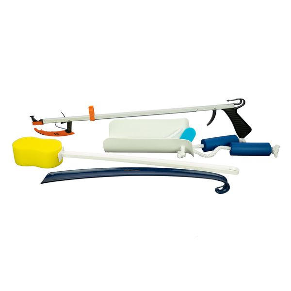 Sammons Preston Economy Hip Kit I, 4-Piece Kit Includes 26" Easireach II Reacher, 16.5" Plastic Shoehorn, Sock Aid with Built-Up Handles & Contoured Bath Sponge, Dressing Aids & Self-Care Tools