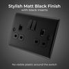 BG Electrical Double Switched Power Plug Wall Socket, Nexus Metal, Matt Black, 13A, NFB22B