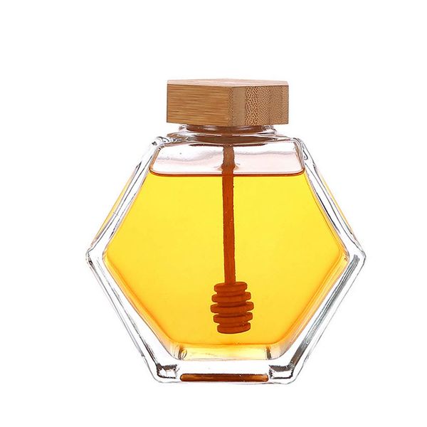 1Pcs 380ml/12.8oz Honey Jar Clear Thicken Glass Hexagon Shape Honey Pot Jar Container with Wooden Dipper and Cork Lid Empty Refillable Syrup Beehive Dispenser Food Storage Container for Home Kitchen