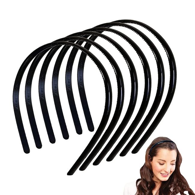 6 Pack Black Plastic Headbands for Women Girls Man,Black Hair Hoop with Teeth,Headband Hair Bands for Unisex (8mm Wide)