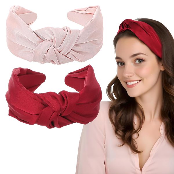 2Pcs Pink Headband for Women, Wide Knotted Headband, Satin Hairbands Thick Top Knot Hair Turban, Anti-Slip Stylish Silk Head Bands for Women Girls Hair Accessories (Pink, Red)