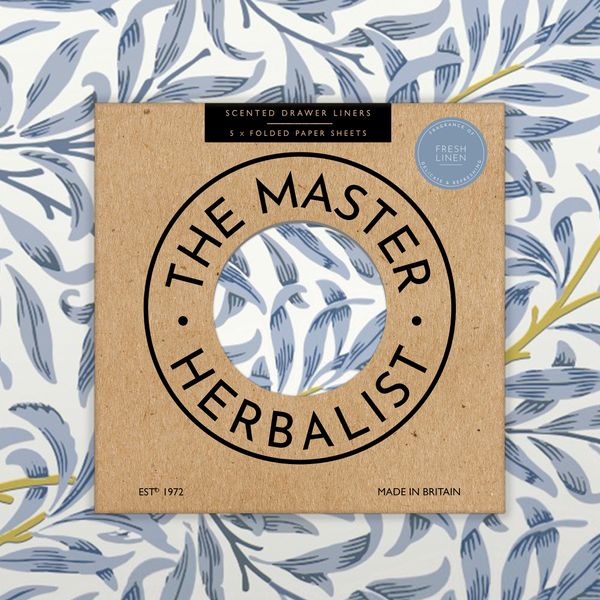 The Master Herbalist Fragrant FRESH LINEN Scented Drawer Liners in a BLUE WILLIAM MORRIS Design (FOLDED) | Pack of 5 Sheets | Contains Essential Oils | Made in the UK