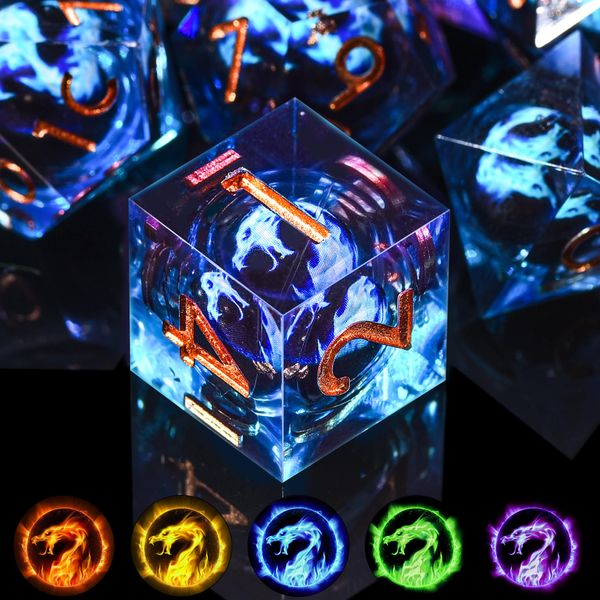 AUSTOR 7 Die DND Dice Set 7 Pieces Blue Flame Dragon Resin Dice Role Playing D and D Dice D20 D12 D10 D8 D6 D4 Sharp Edge Dungeons and Dragons Dice with Case