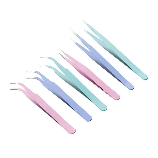 ARFUKA Tweezers Eyelash Extension Tweezers Set Stainless Steel Straight and Curved Tip Tweezers for Nail Art Sticker, Eyelash Extensions, Craft, Jewelry Pack of 6