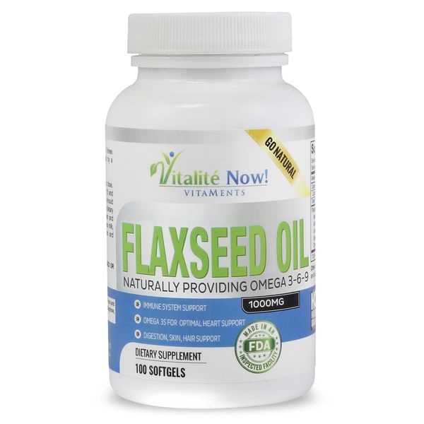 Vitalité Now! Organic Flaxseed Oil Softgels - 1000mg Premium, Virgin Cold Pressed from Flax Seeds - Hair Skin & Nails Support - Omega 3-6-9 Supplement - 100 Count - More Than 3 Month Supply!