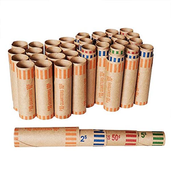 NATURALABEL 80 Assorted Preformed Coin Wrappers Rolls, 32 Quarters,16 Pennies, 16 Nickels, 16 Dimes, Durable Change Rolls Wrappers Paper Coins Tubes, Coin Rollers Money Rolls for Coins (80 PCS)