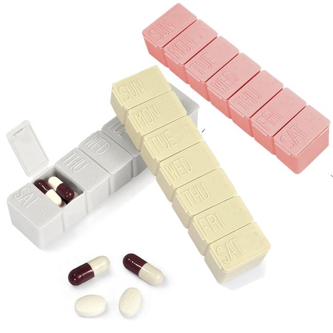 3PCS Travel Pill Organizer Box,Portable Pill Case,Pill Box Dispenser,Small 7-Day Weekly Travel Pill Organizer for Different Medicines,Vitamin Fish Oil Aspirin Supplements（Pink+Grey+Beige)