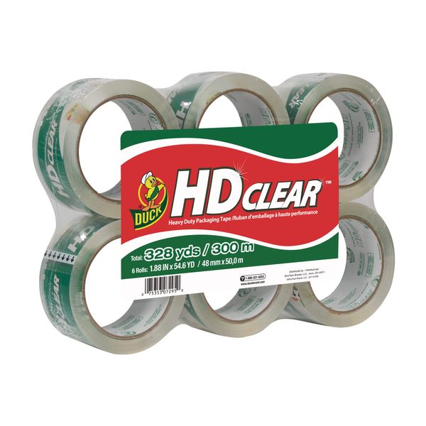 Duck HD Clear Packing Tape - 6 Rolls, 328 Yards Heavy Duty Packaging for Shipping, Mailing, Moving & Storage Clear, Strong Refills Boxes 1.88 In. x 54.6 Yd. (441962)