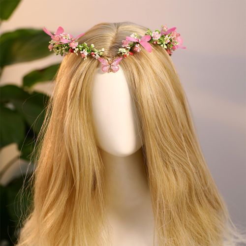 MOSTORY Pink Elf Flower Crown - Handmade Butterfly Fairy Headpiece Floral Circlet Woodland Tiara for Women Girls Spring Wedding Renaissance Fae Ball Party Cosplay
