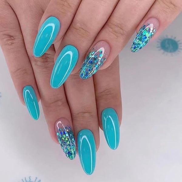 24pcs Long Almond False Nails Teal Blue Green Press on Nails Glitter Sequins Stick on Nails Acrylic False Nails Removable Glue-on Nails Full Cover Fake Nails Women Brides Nail Art Accessories