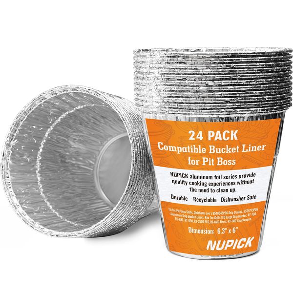 NUPICK 24 Pack Grease Bucket Liner Compatible for Pit Boss Grills 67292 Foil, Oklahoma Joe's 9518545P06, Z Grill Bucket, Recteq Large Bucket, etc. 6.3” x 6.0”, Disposable Aluminum