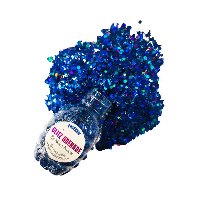 Neva Nude Face and Body Glitter Keychain - Chunky Loose Glitter for Festivals, Raves, and More | Cosmetic Grade | Super Sparkly (Poseidon Deep Blue Holographic Glitz Grenade)