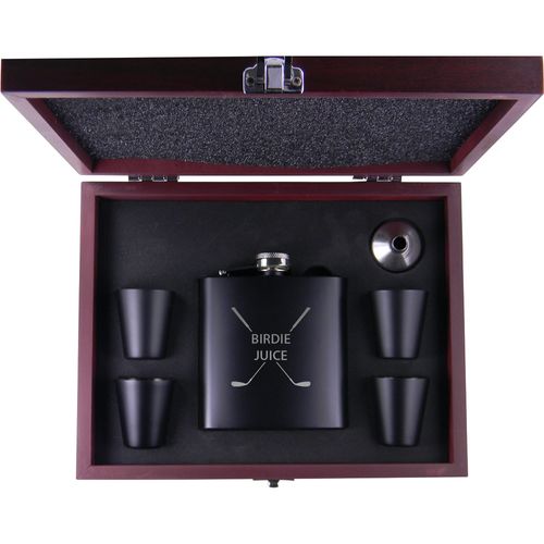 Birdie Juice Flask, Funnel, (4) Shot Glasses, and MDF Presentation Gift Box with Rosewood Finish - Golfing Birdie Juice Hip Stainless Steel Metal Matte 6-Ounce Golf Bag Flask