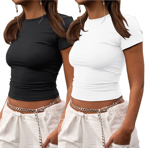 ZHENWEI Short Sleeve Workout Tops for Women Pack Cropped Gym Compression Shirts Cute Tight Basic Tops Tee Black&White S