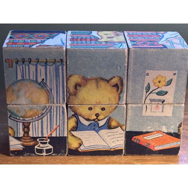 vintage block puzzle wooden blocks 6 scenes bear & rabbit mid-century toy