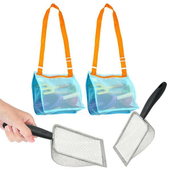 4E's Novelty 2X Shark Tooth Sifter for Beach with 2X Small Mesh Beach Bag for Shell Collecting, Metal Sand Scoop for Picking Up Shells - Beach Toys for Kids (2 Sets)