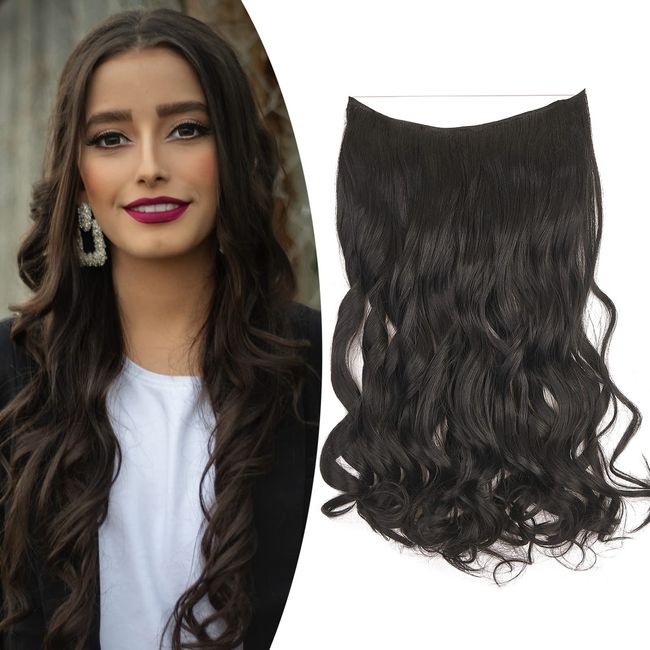 Gairyan Secret Hair Extensions mit Draht 45cm Haarteil mit Verstellbarer Unsichtbarer Synthetik Haare Invisible 1 Tresse Lange Gewellt Lockige Haarverlängerung Kunsthaar (Dunkelbraun)